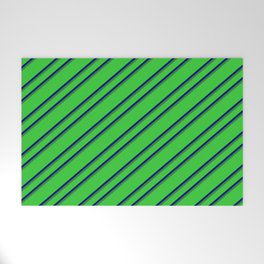 [ Thumbnail: Lime Green, Blue, and Forest Green Colored Lined Pattern Welcome Mat ]