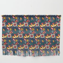 Colorful Floral Pattern On Navy Blue Background Wall Hanging