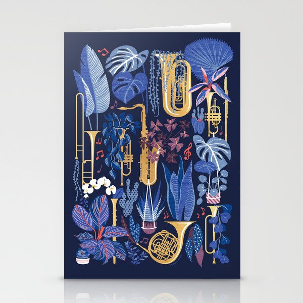 Music to my eyes // oxford navy blue background gold textured musical instruments blue indoor plants coral music notes Stationery Cards