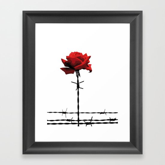 Barbed wire red rose Framed Art Print