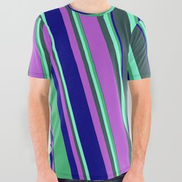 [ Thumbnail: Eyecatching Sea Green, Aquamarine, Dark Slate Gray, Orchid, and Blue Colored Lines Pattern All Over Graphic Tee ]