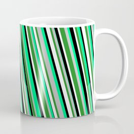 [ Thumbnail: Eye-catching Green, Grey, Forest Green, White, and Black Colored Stripes/Lines Pattern Coffee Mug ]
