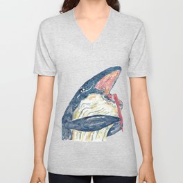 Whale brushing teeth bath watercolor painting  V Neck T Shirt