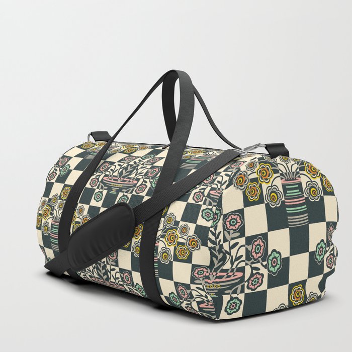 OP-ULENCE CHECKERED FLORAL PATTERN in BLACK & WARM WHITE WITH BRIGHT MULTI-COLOURS Duffle Bag
