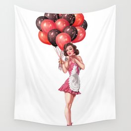 Sexy Brunette Pin Up With Tattoo, Baloons And Maid Dress Wall Tapestry