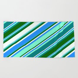 [ Thumbnail: Colorful Blue, Aquamarine, Teal, Dark Green, and Mint Cream Colored Lines/Stripes Pattern Beach Towel ]