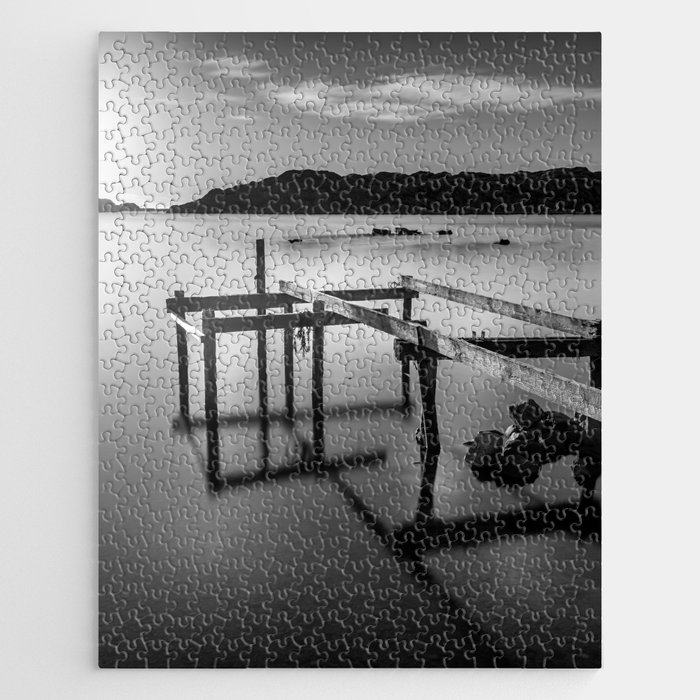Pier Structure And Reflections in Black & White Jigsaw Puzzle