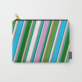 [ Thumbnail: Eye-catching Plum, Green, Deep Sky Blue, Dark Green, and White Colored Lined/Striped Pattern Carry-All Pouch ]