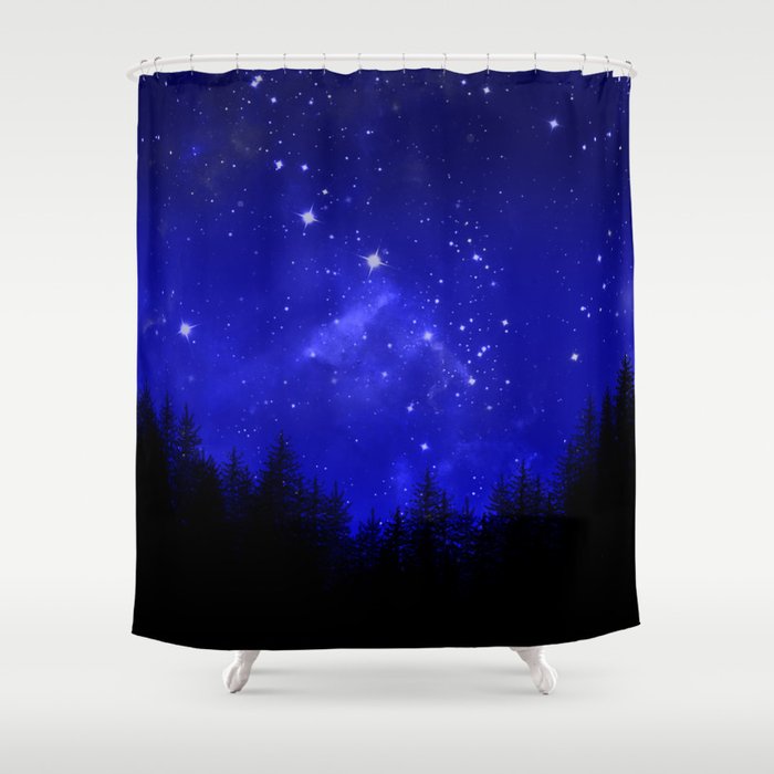 Blue Galaxy Forest Night Sky Shower Curtain