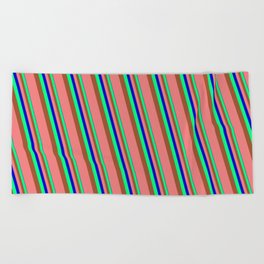 [ Thumbnail: Blue, Green, Sienna & Light Coral Colored Striped/Lined Pattern Beach Towel ]