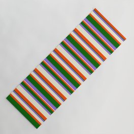 [ Thumbnail: Purple, Dark Green, Red & Beige Colored Pattern of Stripes Yoga Mat ]