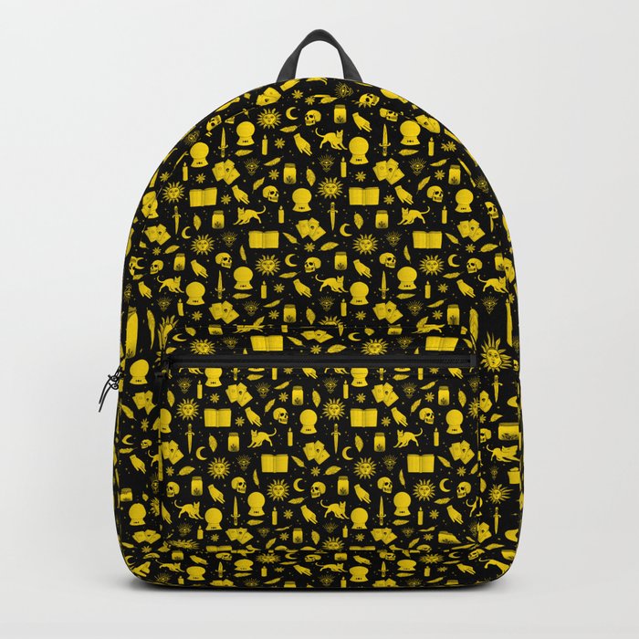 Small Bright Dayglo Yellow Halloween Motifs Skulls, Spells & Cats on Spooky Black  Backpack
