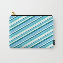 [ Thumbnail: Teal, Light Sky Blue, Turquoise & Mint Cream Colored Striped Pattern Carry-All Pouch ]