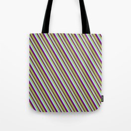[ Thumbnail: Light Blue, Purple & Green Colored Pattern of Stripes Tote Bag ]