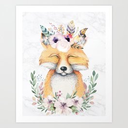 Forest Fox Floral Marble by Nature Magick Art Print