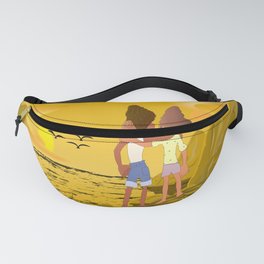 Vector art of two young boys wearing shorts, vest and shirt standing together near beach and enjoying beautiful varies yellow shades of seaside sunset view, flock of birds flying in the air. Fanny Pack