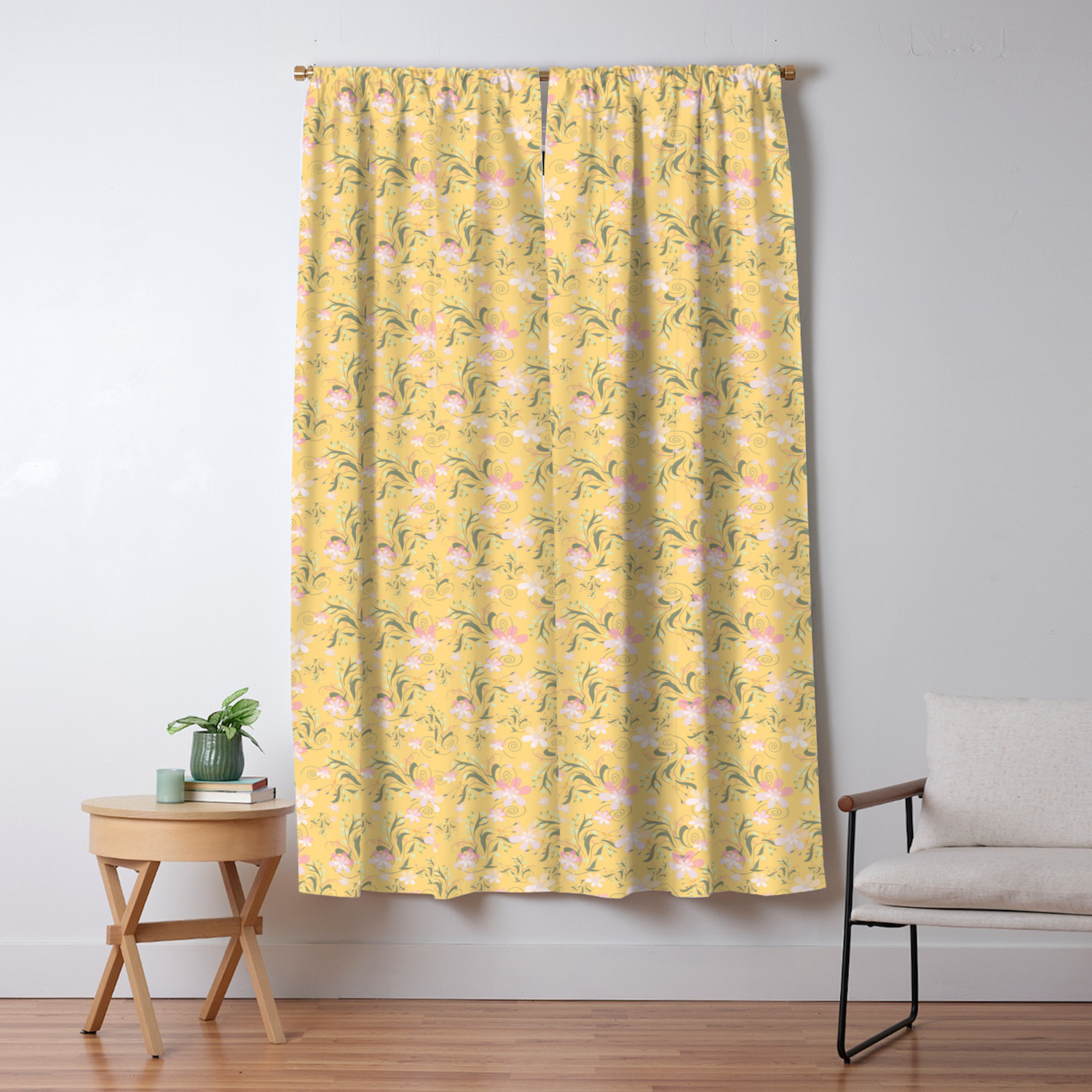 Pale Pink Flowers On Yellow Blackout Curtain By Palitraart Society6