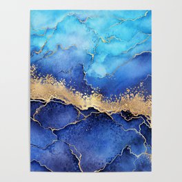 Midnight Blue + Gold Wavy Abstract Shoreline Poster