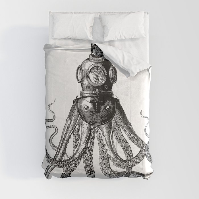 Octopus in Diving Helmet | Deep Sea Divers Helmet | Vintage Octopus | Tentacles | Black and White | Comforter