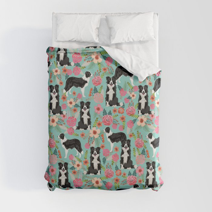 border collie cute florals mint pink black and white dog gifts for dog lover Duvet Cover