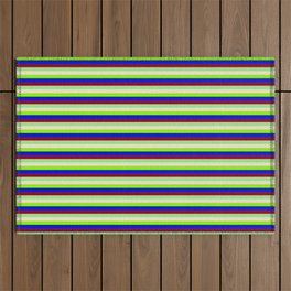 [ Thumbnail: Vibrant Light Green, Bisque, Chartreuse, Blue & Dark Red Colored Pattern of Stripes Outdoor Rug ]