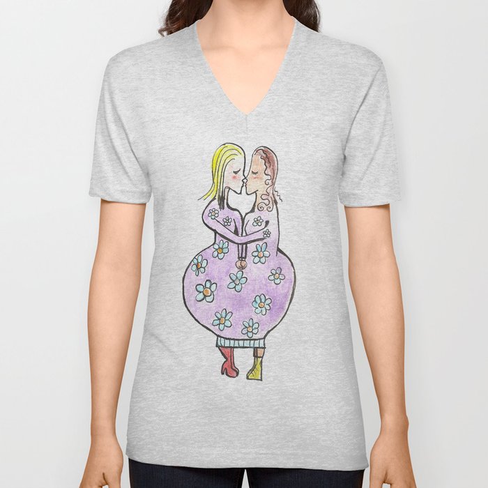 Kissing women in a flower dress V Neck T Shirt