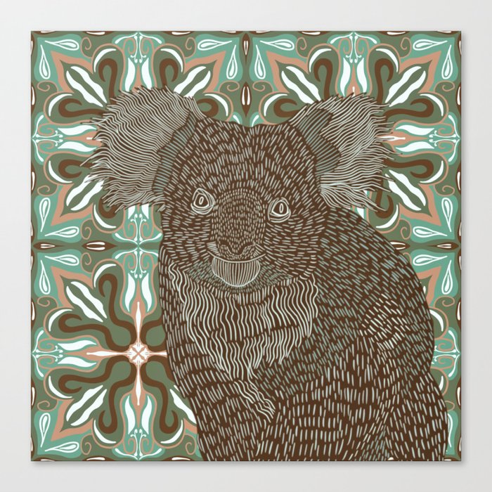 Sweet Koala bear sitting on a green and brown patterned background Canvas Print
