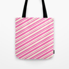 [ Thumbnail: Hot Pink & Beige Colored Lines Pattern Tote Bag ]