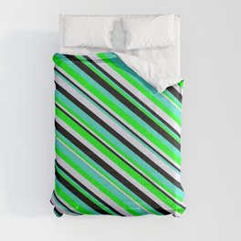 [ Thumbnail: Turquoise, Lime, Lavender, and Black Colored Stripes/Lines Pattern Comforter ]