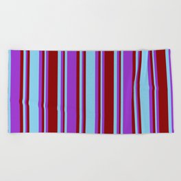 [ Thumbnail: Sky Blue, Dark Orchid, and Dark Red Colored Pattern of Stripes Beach Towel ]