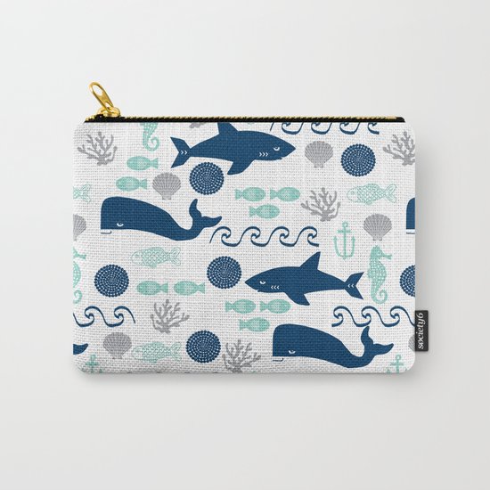 Nautical ocean animals sharks whales seahorses wave pattern sea life Carry-All Pouch