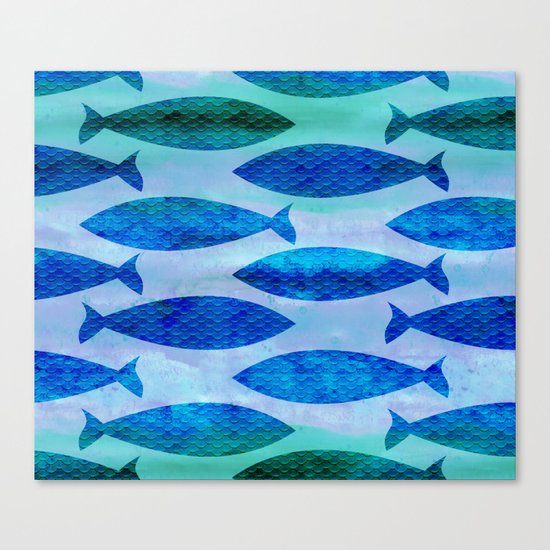 Blue Turquoise GreenWatercolor Fish Pattern Canvas Print