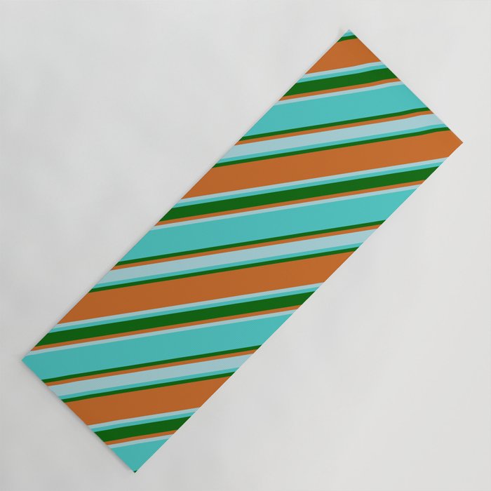 Turquoise, Dark Green, Chocolate & Powder Blue Colored Lines Pattern Yoga Mat