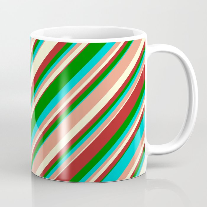 Eyecatching Dark Turquoise, Dark Salmon, Light Yellow, Red & Green Colored Stripes Pattern Coffee Mug
