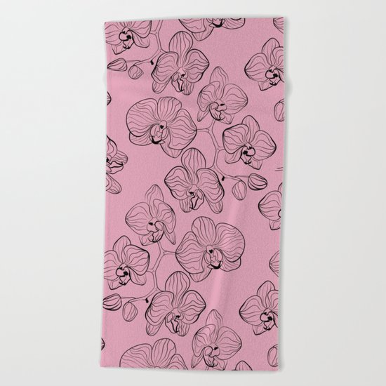Retro . Orchid flowers on a pink background . Beach Towel