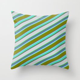 [ Thumbnail: Green, Blue, Light Gray & Turquoise Colored Striped Pattern Throw Pillow ]