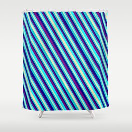 [ Thumbnail: Eye-catching Purple, Aqua, Tan, Dark Turquoise, and Dark Blue Colored Stripes/Lines Pattern Shower Curtain ]