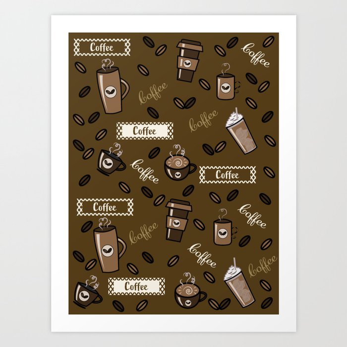 Coffee Cups Pattern on Dark Brown Background Art Print