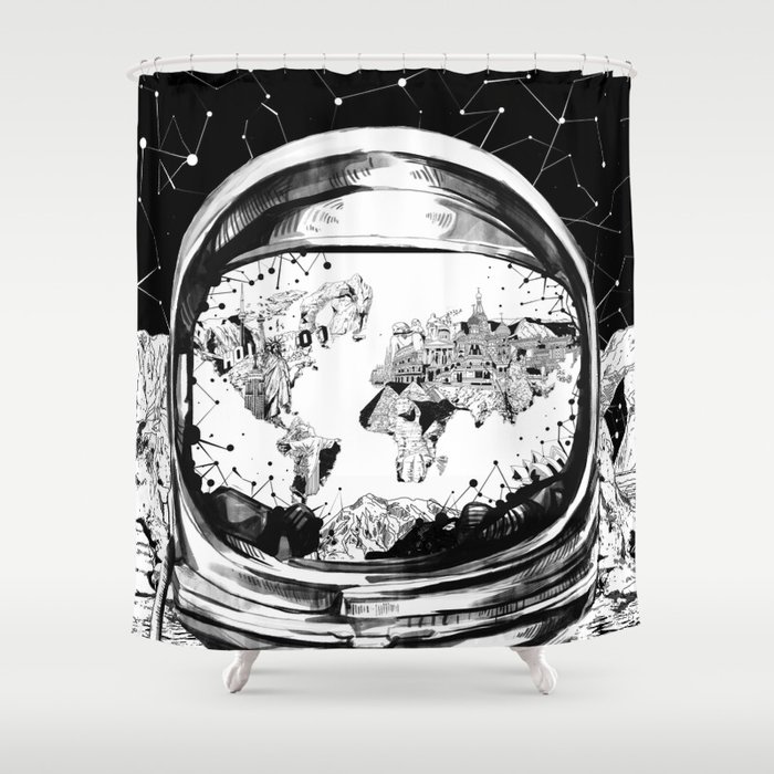 astronaut world map black and white 1 Shower Curtain
