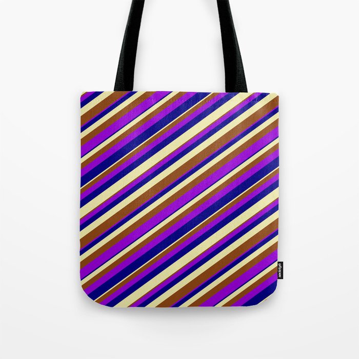 Pale Goldenrod, Brown, Dark Violet & Blue Colored Lined Pattern Tote Bag