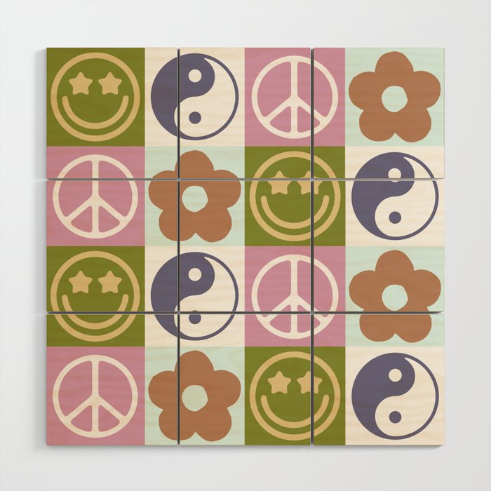 Cute Checked Symbols Pattern (SMILEY FACE \ YIN YANG \ PEACE SYMBOL \ FLOWER) Wood Wall Art