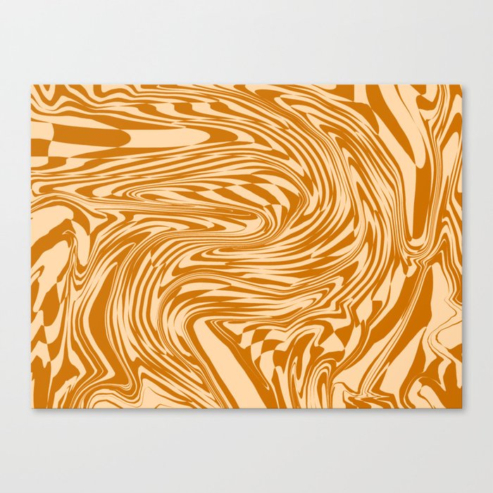 Psychedelic Warped Marble Wavy Checkerboard in Orange and Cream Canvas Print