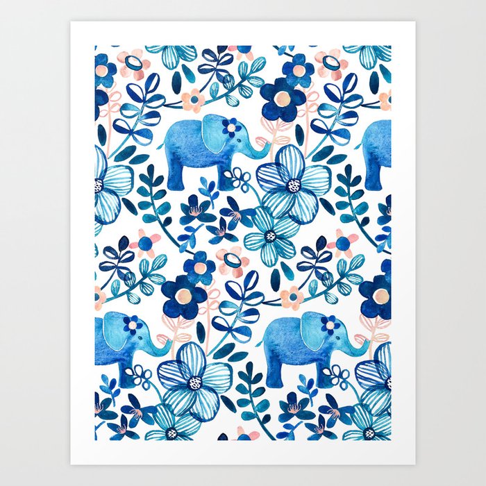 Blush Pink, White and Blue Elephant and Floral Watercolor Pattern Art Print