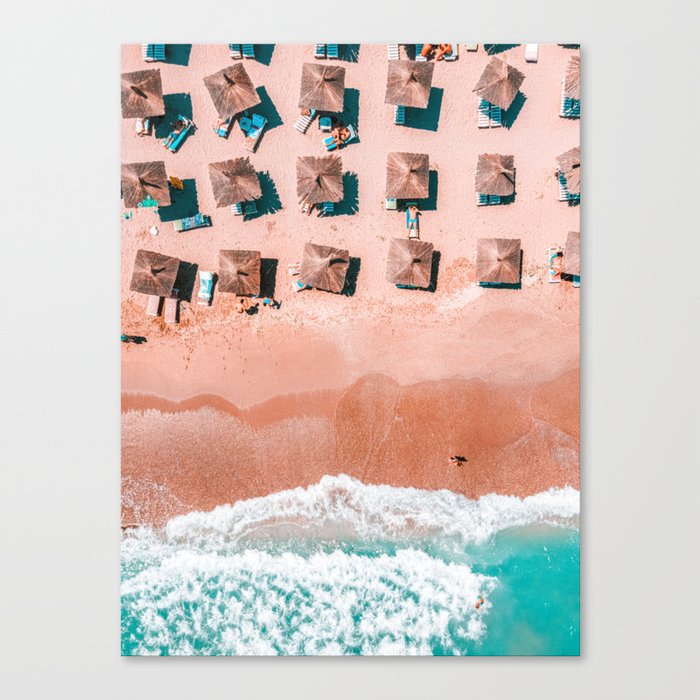 Aerial Ocean Print, Retro Beach Print, Summer Vibes, Aerial Beach People Print, Aerial Beach Photography, Sea Waves Retro Art Print Canvas Print