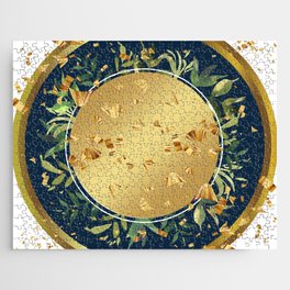 Green Leaves and Circle Gold Frame on a Circle Blue Gold Background Jigsaw Puzzle