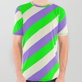 [ Thumbnail: Purple, Lime, and Beige Colored Lines/Stripes Pattern All Over Graphic Tee ]