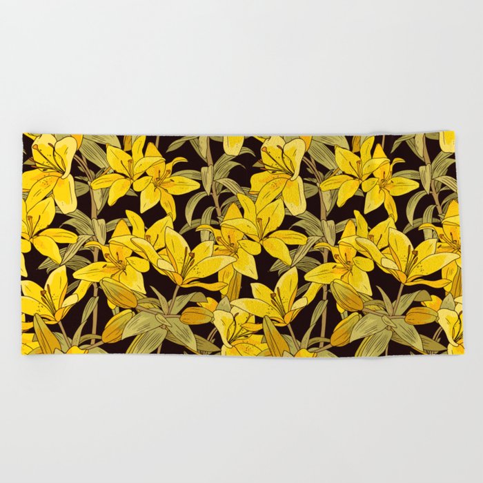 Vintage pattern with yellow lily. Tropical floral print with flowers, buds and leaves Beach Towel