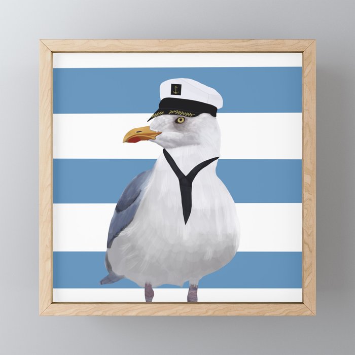 Captain Seagull on blue stripes Framed Mini Art Print