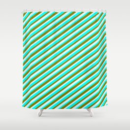 [ Thumbnail: Aqua, Green, and Light Cyan Colored Striped/Lined Pattern Shower Curtain ]