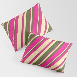 [ Thumbnail: Dark Olive Green, Deep Pink, and Beige Colored Stripes/Lines Pattern Pillow Sham ]